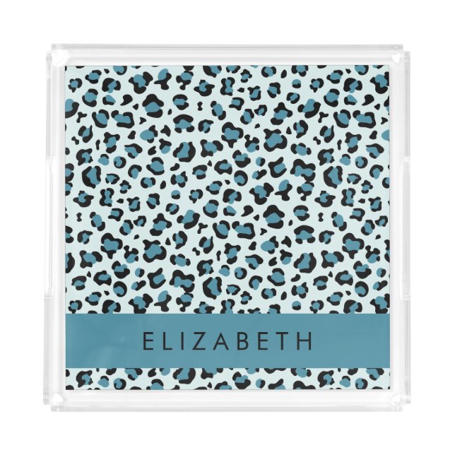 Leopard Print, Spots, Blue Leopard, Your Name Acrylic Tray (Front)