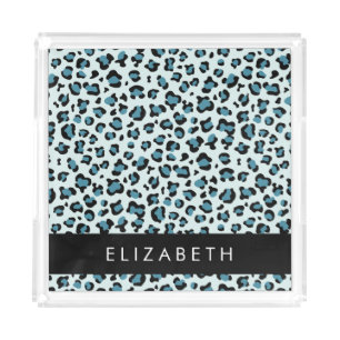 Leopard Print, Spots, Blue Leopard, Your Name Acrylic Tray
