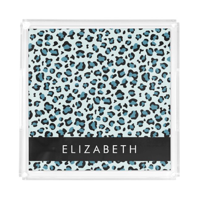 Leopard Print, Spots, Blue Leopard, Your Name Acrylic Tray (Front)