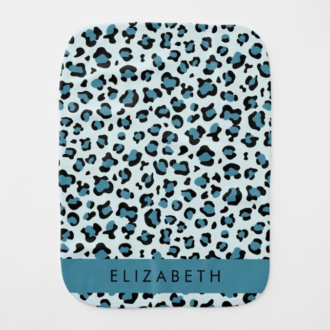 Leopard Print, Spots, Blue Leopard, Your Name Baby Burp Cloth (Front)