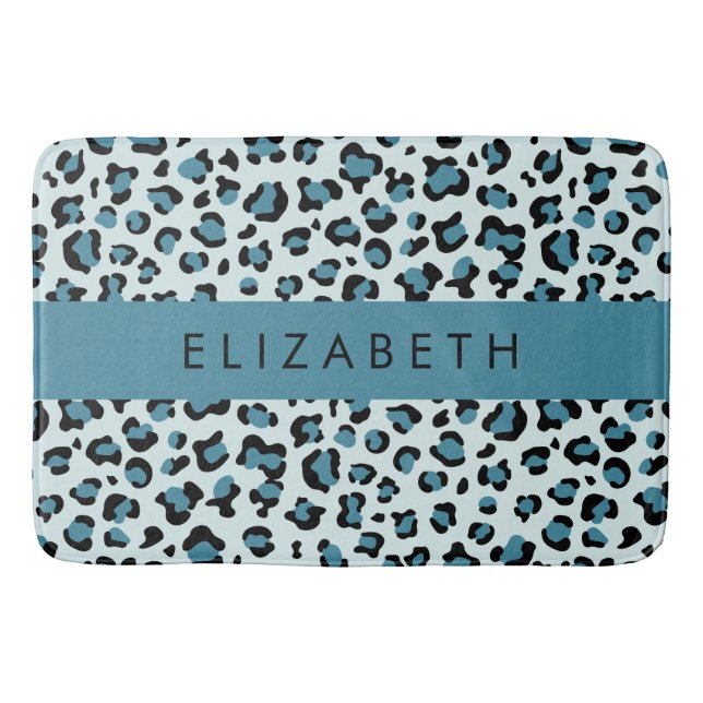 Leopard Print, Spots, Blue Leopard, Your Name Bath Mat (Front)