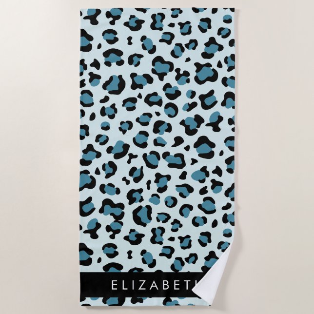 Leopard Print, Spots, Blue Leopard, Your Name Beach Towel (Front)