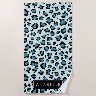 Leopard Print, Spots, Blue Leopard, Your Name Beach Towel