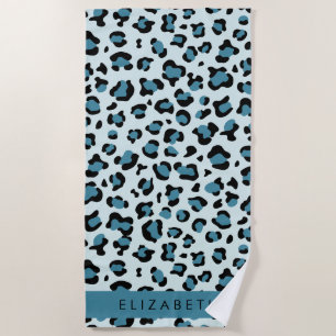 Leopard Print, Spots, Blue Leopard, Your Name Beach Towel