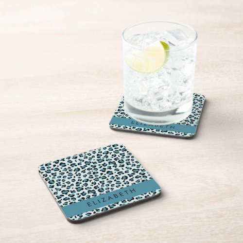 Leopard Print Spots Blue Leopard Your Name Beverage Coaster