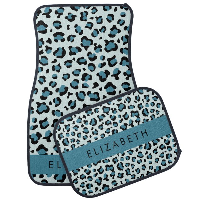Leopard Print, Spots, Blue Leopard, Your Name Car Floor Mat (Set)