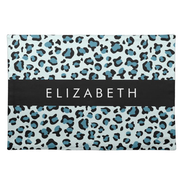 Leopard Print, Spots, Blue Leopard, Your Name Cloth Placemat (Front)