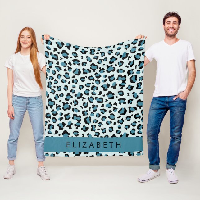 Leopard Print, Spots, Blue Leopard, Your Name Fleece Blanket (In Situ)
