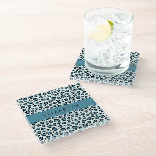 Leopard Print Spots Blue Leopard Your Name Glass Coaster