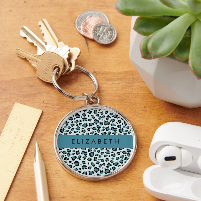 Leopard Print, Spots, Blue Leopard, Your Name Keychain (Desk)