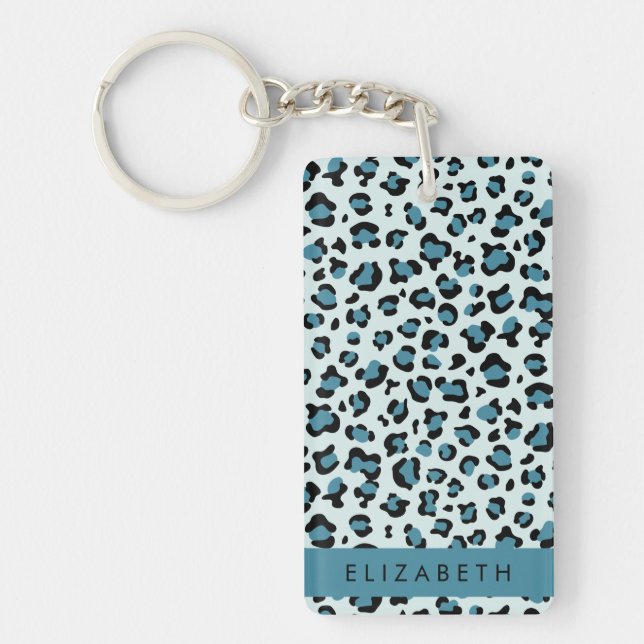 Leopard Print, Spots, Blue Leopard, Your Name Keychain (Front)