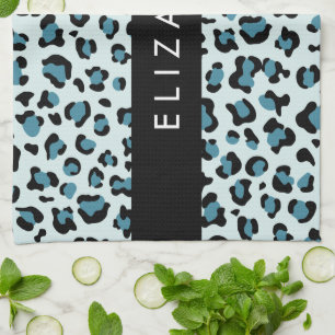 Leopard Print, Spots, Blue Leopard, Your Name Kitchen Towel