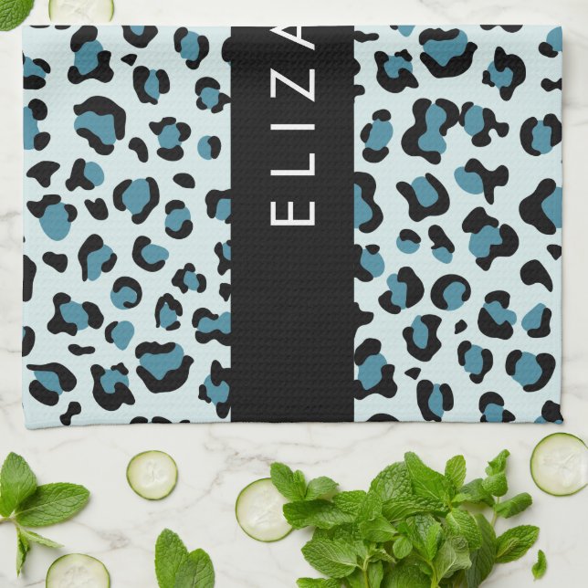 Leopard Print, Spots, Blue Leopard, Your Name Kitchen Towel (Folded)