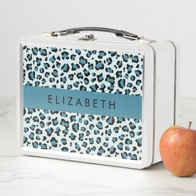 Leopard Print, Spots, Blue Leopard, Your Name Metal Lunch Box (In Situ)