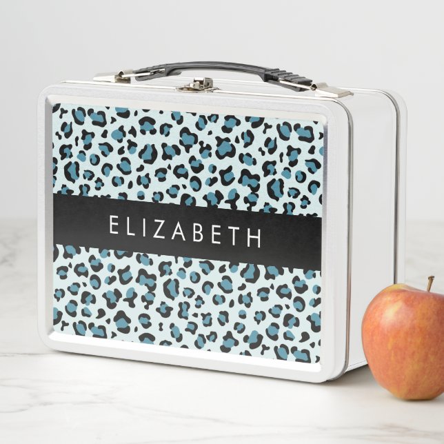 Leopard Print, Spots, Blue Leopard, Your Name Metal Lunch Box (In Situ)