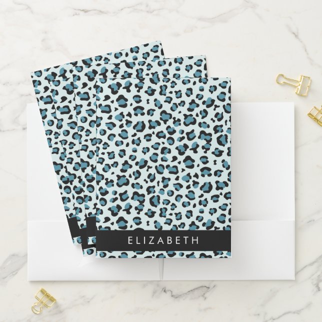 Leopard Print, Spots, Blue Leopard, Your Name Pocket Folder (In Situ)