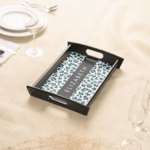 Leopard Print, Spots, Blue Leopard, Your Name Serving Tray