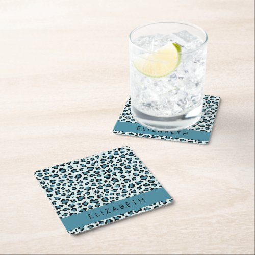 Leopard Print Spots Blue Leopard Your Name Square Paper Coaster