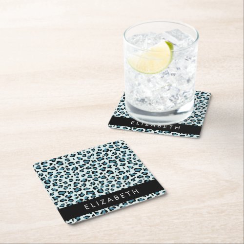 Leopard Print Spots Blue Leopard Your Name Square Paper Coaster