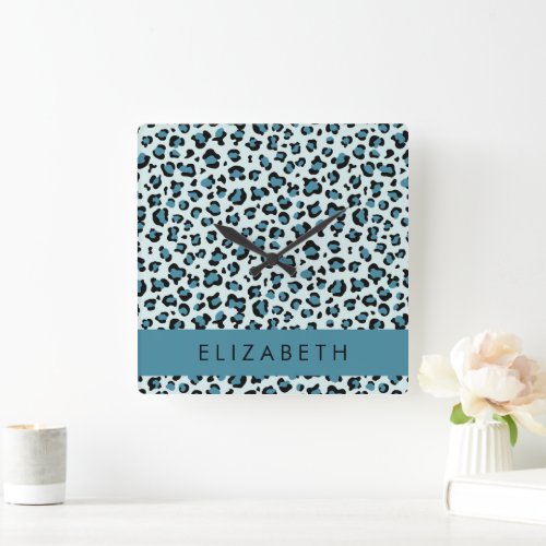 Leopard Print Spots Blue Leopard Your Name Square Wall Clock