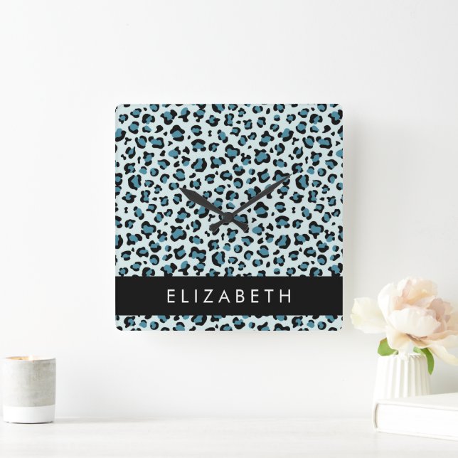 Leopard Print, Spots, Blue Leopard, Your Name Square Wall Clock (Home)