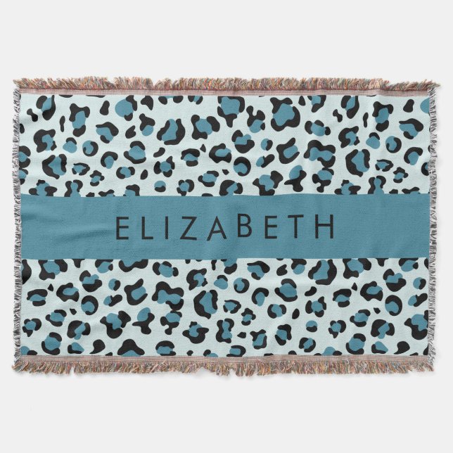 Leopard Print, Spots, Blue Leopard, Your Name Throw Blanket (Front)