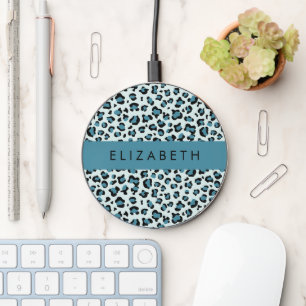Leopard Print, Spots, Blue Leopard, Your Name Wireless Charger
