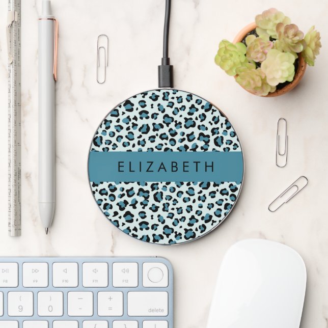 Leopard Print, Spots, Blue Leopard, Your Name Wireless Charger (Desk)