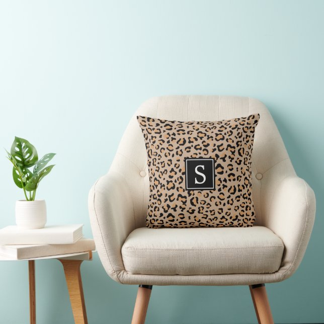 Leopard Print, Spots, Brown Leopard, Monogram Throw Pillow (Chair)