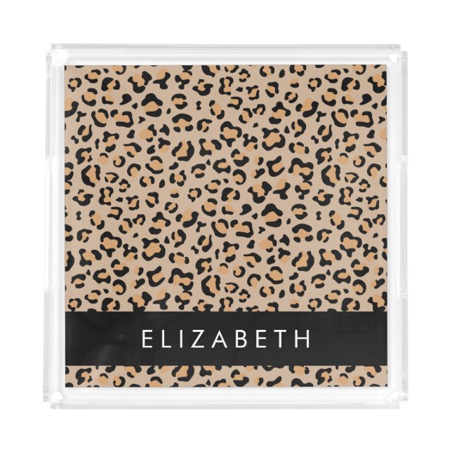 Leopard Print, Spots, Brown Leopard, Your Name Acrylic Tray (Front)