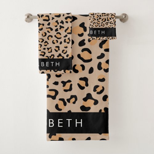 Leopard Print Spots Brown Leopard Your Name Bath Towel Set