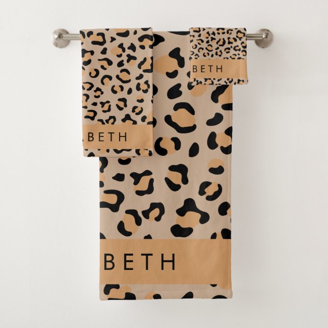 Leopard Print, Spots, Brown Leopard, Your Name Bath Towel Set (Insitu)