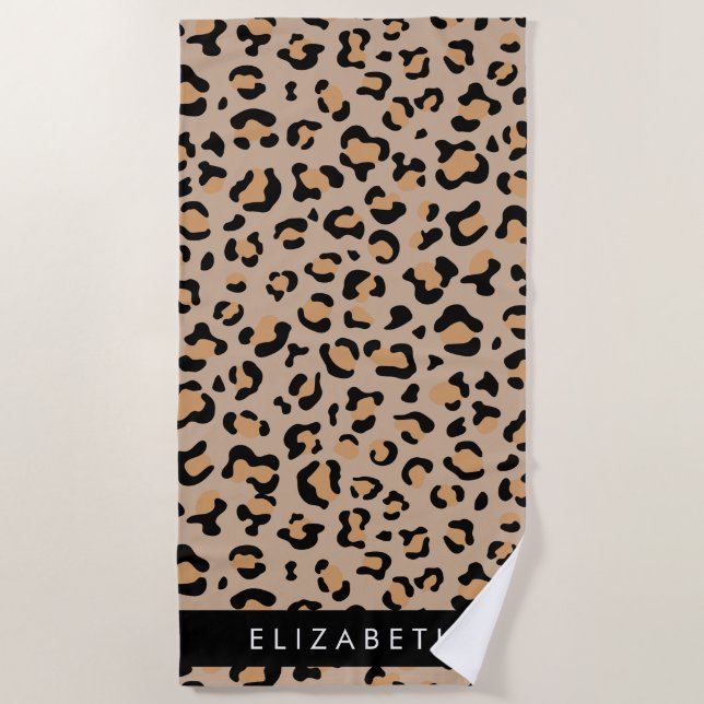 Leopard Print, Spots, Brown Leopard, Your Name Beach Towel (Front)