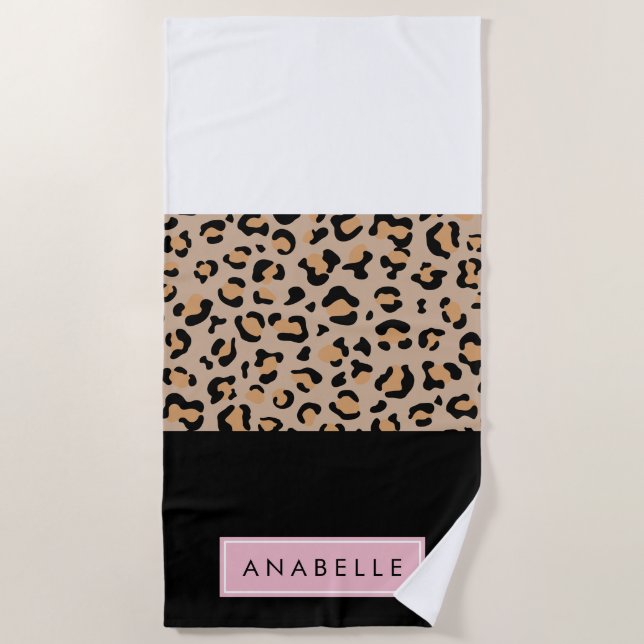 Leopard Print, Spots, Brown Leopard, Your Name Beach Towel (Front)