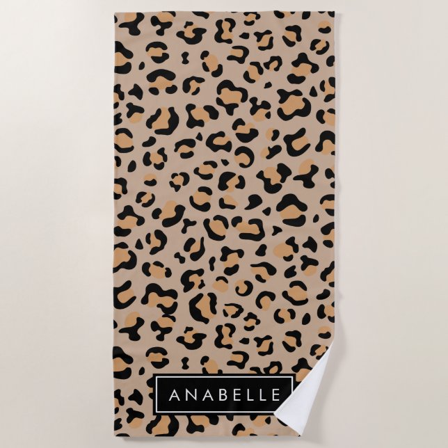 Leopard Print, Spots, Brown Leopard, Your Name Beach Towel (Front)