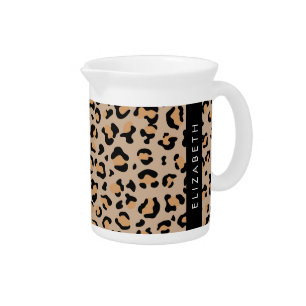 Leopard Print, Spots, Brown Leopard, Your Name Beverage Pitcher