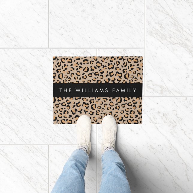 Leopard Print, Spots, Brown Leopard, Your Name Doormat (Indoor)