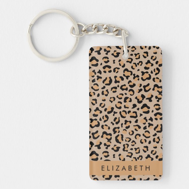 Leopard Print, Spots, Brown Leopard, Your Name Keychain (Front)