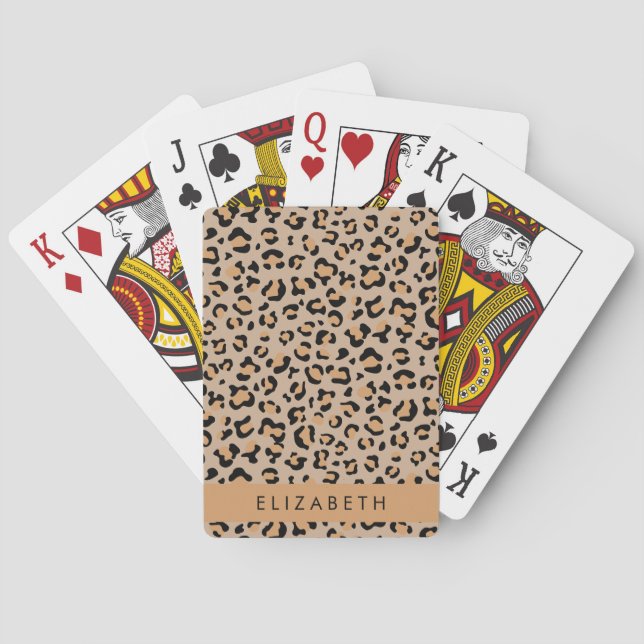 Leopard Print, Spots, Brown Leopard, Your Name Poker Cards (Back)