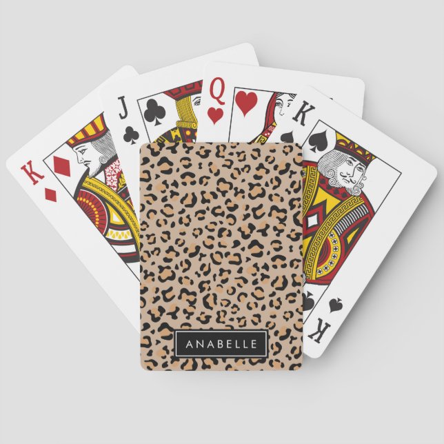 Leopard Print, Spots, Brown Leopard, Your Name Poker Cards (Back)