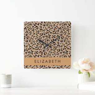 Leopard Print, Spots, Brown Leopard, Your Name Square Wall Clock