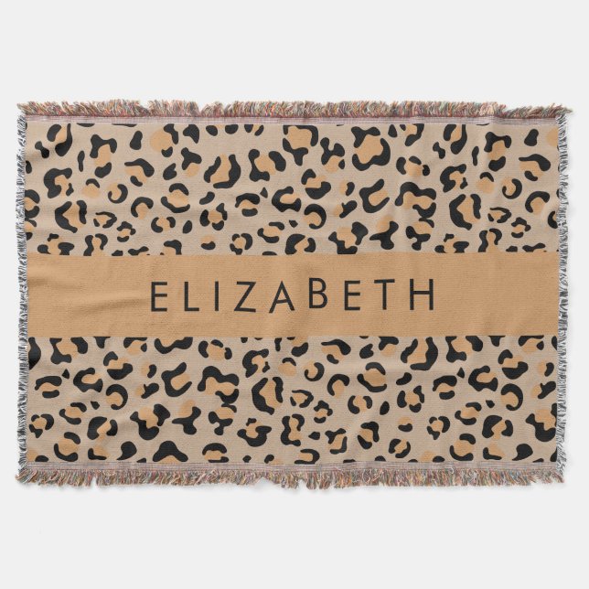 Leopard Print, Spots, Brown Leopard, Your Name Throw Blanket (Front)