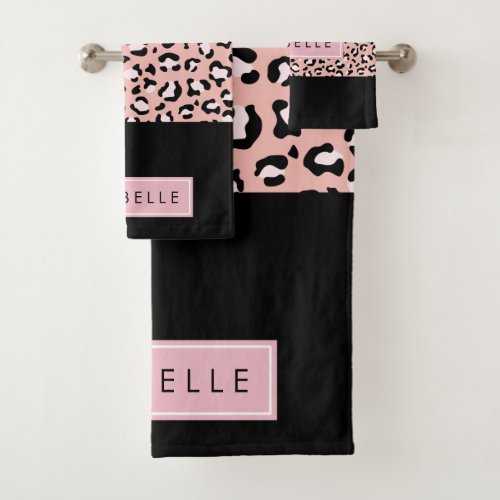 Leopard Print Spots Pink Leopard Your Name Bath Towel Set
