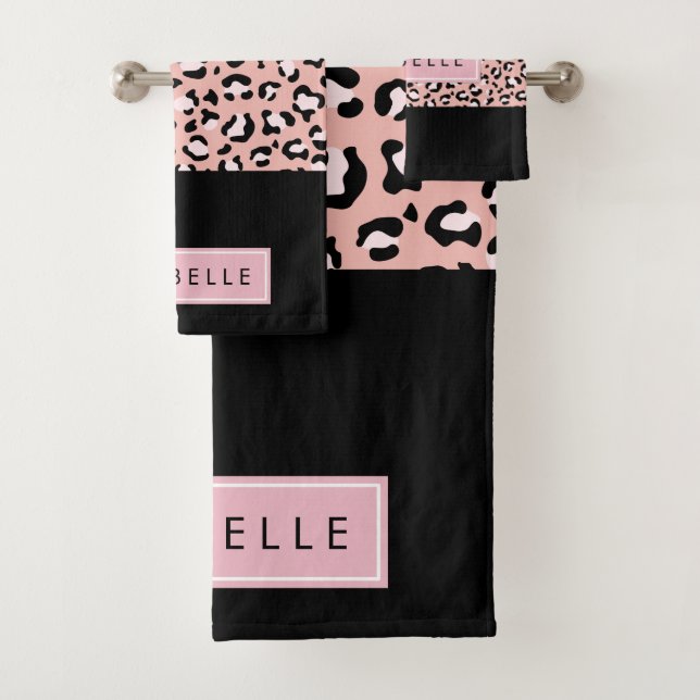 Leopard Print, Spots, Pink Leopard, Your Name Bath Towel Set (Insitu)