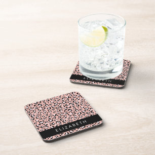 Leopard Print, Spots, Pink Leopard, Your Name Beverage Coaster
