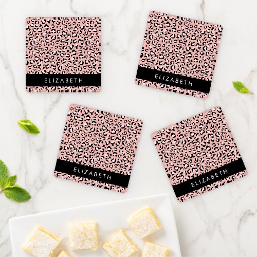Leopard Print Spots Pink Leopard Your Name Coaster Set