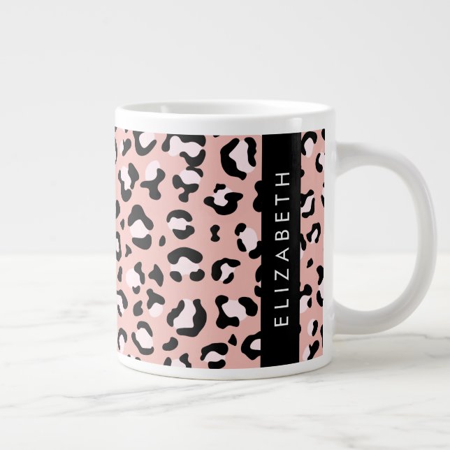 Leopard Print, Spots, Pink Leopard, Your Name Giant Coffee Mug (Right)