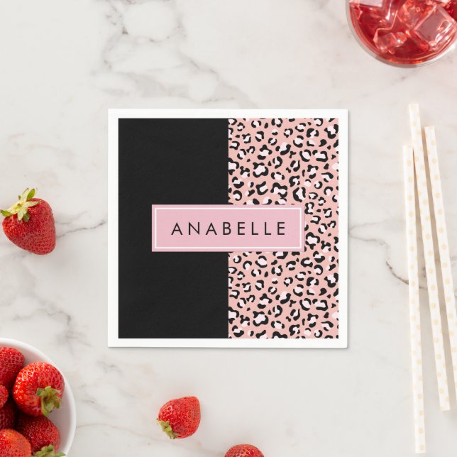 Leopard Print, Spots, Pink Leopard, Your Name Napkins (Insitu)