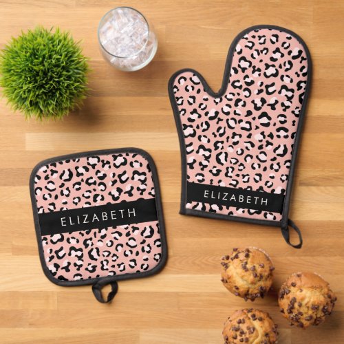 Leopard Print Spots Pink Leopard Your Name Oven Mitt  Pot Holder Set