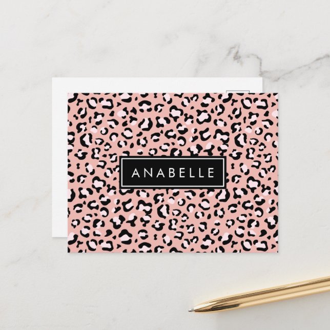 Leopard Print, Spots, Pink Leopard, Your Name Postcard (Front/Back In Situ)